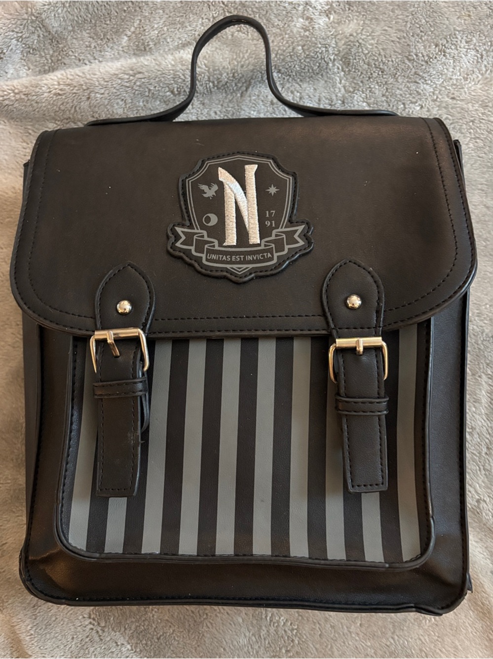 Spencer's Wednesday Addam’s Nevermore Satchel Backpack with Crest and Stripes